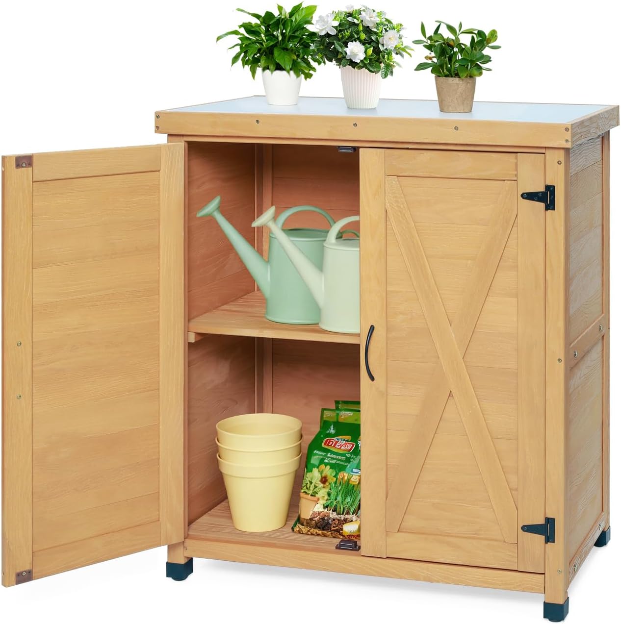 31" Sturdy Living Room Cabinet, Practical Cabinets with Weatherproof Wood, Storage Locker with Magnetic Door for Outdoor Patio, Light Brown