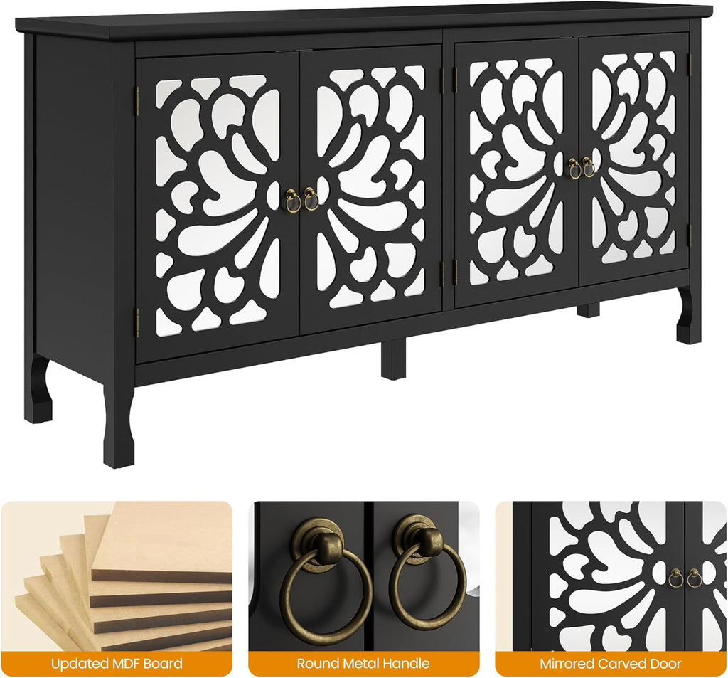 RoyalCraft 63'' Sideboard Buffet Cabinet with Storage, Accent Cabinet Credenza with 4 Doors and Adjustable Shelves, Vintage Media Console for Entryway, Living Room, Kitchen, Satin Black