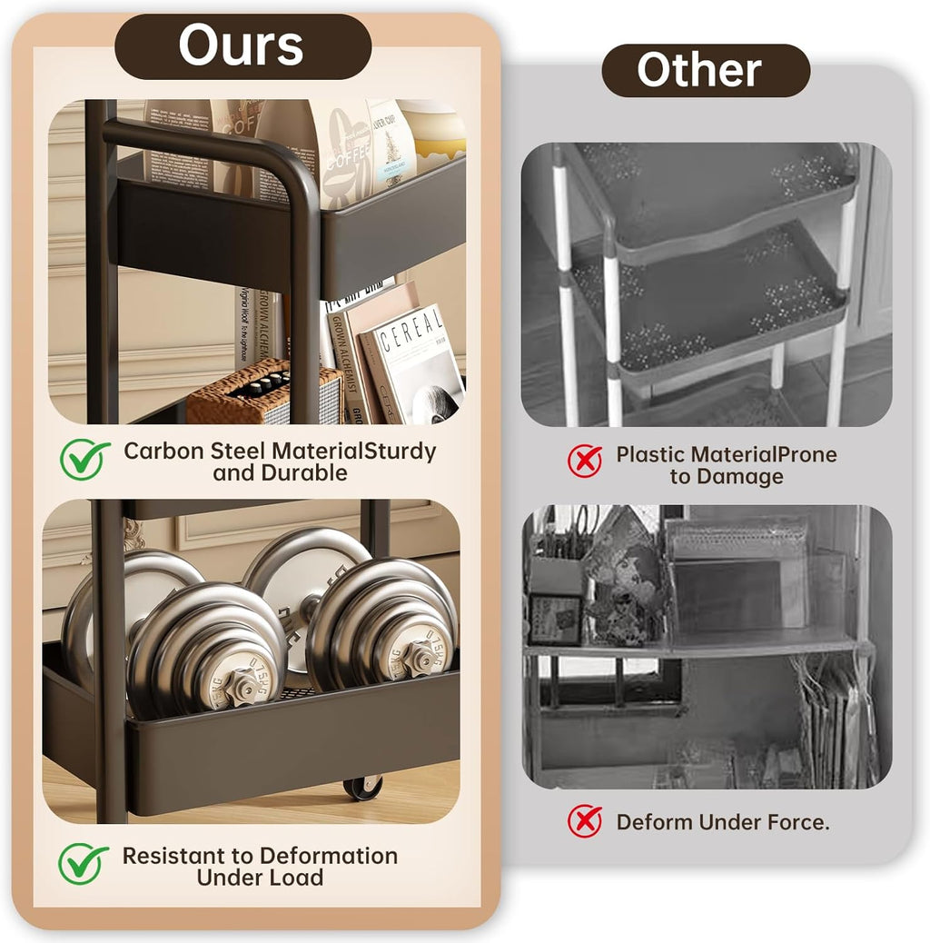 3 Tier Metal Rolling Utility Cart Organizer with Walnut Table Top, Stable and Sturdy Rolling Storage Carts with 2 Lockable Wheels for Kitchen，Bathroom，Snacks，Coffee，Craft，Makeup，Baby Essentials