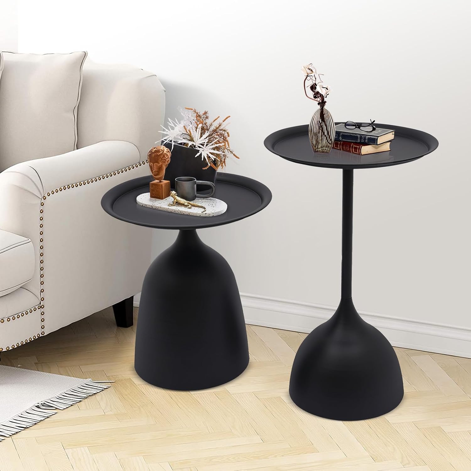 Modern Round Side Table Set of 2, 11 Inch End Table Set, Nesting Round Tables, Round Coffee Table, Minimalist Accent Tables for for The Living Room, Bedroom, Balcony (Matte Black)