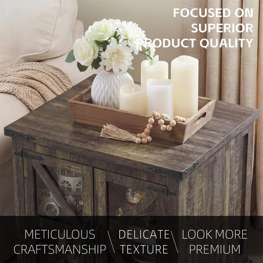 Farmhouse End Table, 24" Large End Tables with Storage, Rustic Square Sofa Beside Table with Glass Barn Door, Wood Side Table Square Nightstand for Living Room, Bedroom, Office (Antique Finish)