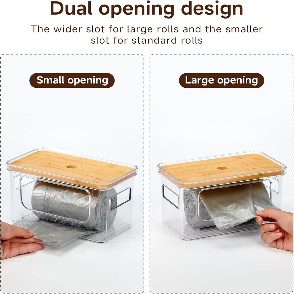3-Pack Trash Bag Holder,Trash Bag Dispenser with Bamboo Lid, Stackable Acrylic Garbage Bag Dispenser for Under Sink Use in Kitchen, Laundry Room, and Pantry, Large Capacity Garbage Bag Holder