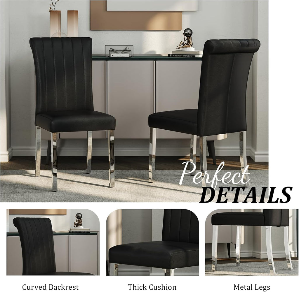 ACEDÉCOR Modern Dining Chairs Set of 6, Black Leather Dining Room Chairs with Silver Stainless Steel Legs, Upholstered Chairs with High Back and Metal Chrome Legs for Kitchen/Living Room/Restaurant