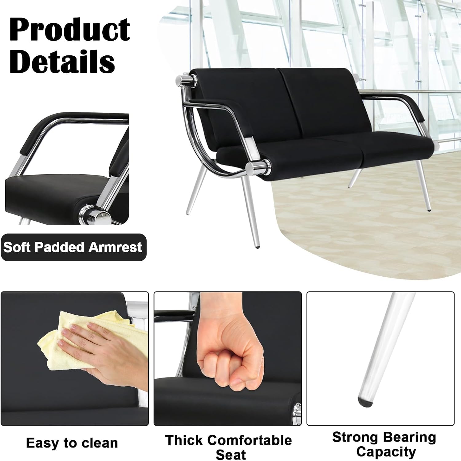 kinbor PU Leather Waiting Room Chairs - 2 Seat Guest Reception Seat Bench with Arms for Airport Hospital Office Salon, Black