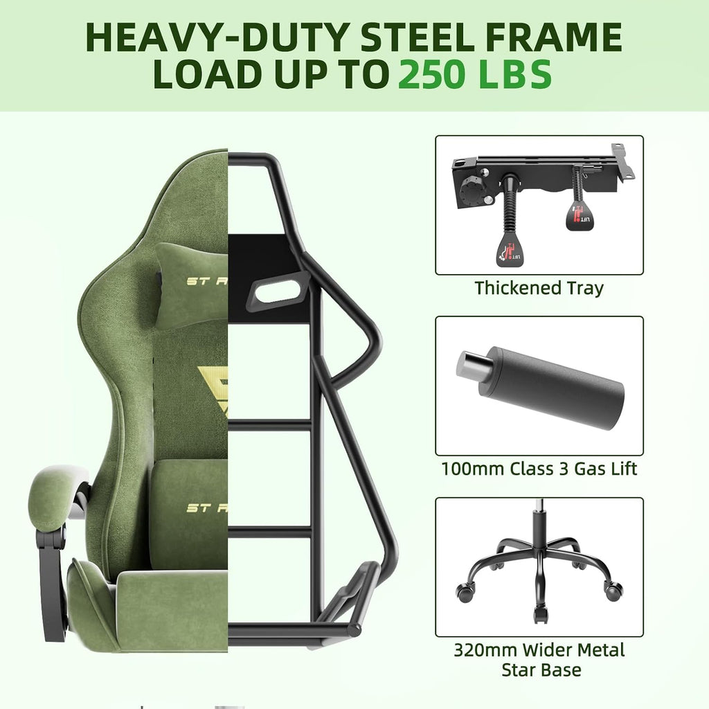 Gaming Chair Racing for Adult, Office Chair with Footrest Massage Lumbar Cushion, Velvet Fabric Reclining Video Game Chairs, Ergonomic Computer Chairs Height Adjustable, for Home Streaming, Green