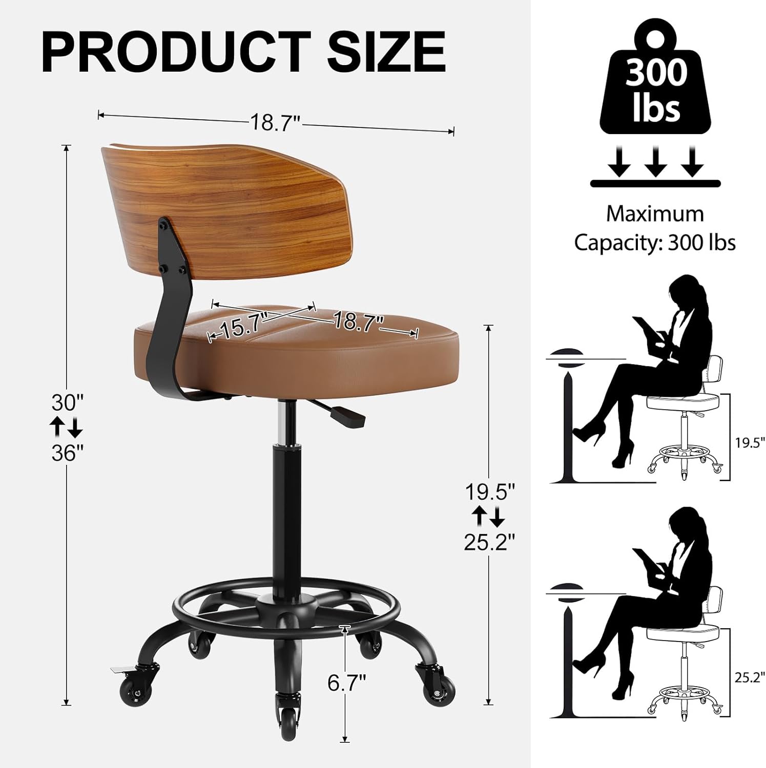 Drafting Chair with Lockable Wheels, Tall Chair Adjustable Stool with Curved Walnut Backrest and Footrest Ring, PU Leather Ergonomic Rolling Chair 300LBS Capacity for Office Workstation(Brown)