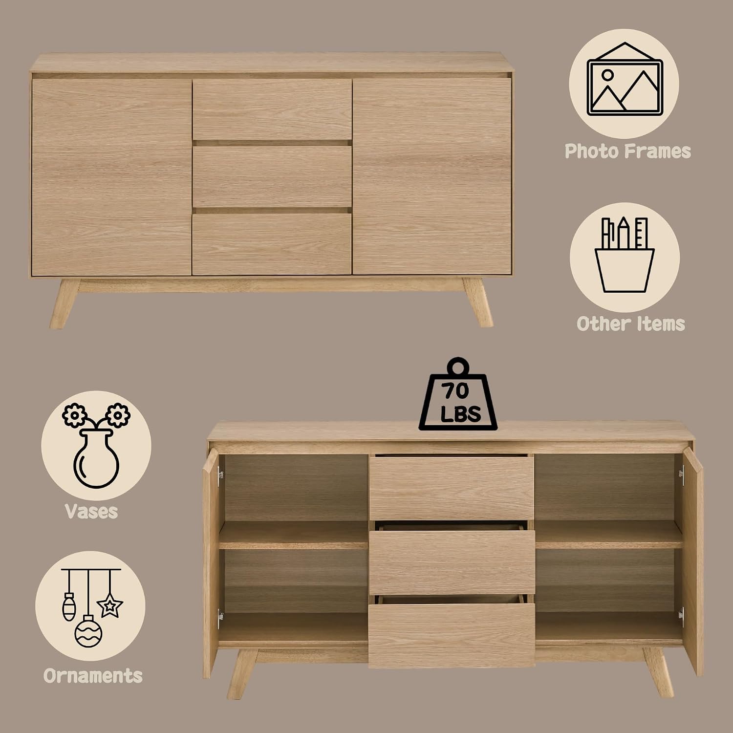 Oak Veneer Storage Cabinet, Dining Cabinet, Two Doors, Three Drawers, Spacious Storage Area,for Kitchen