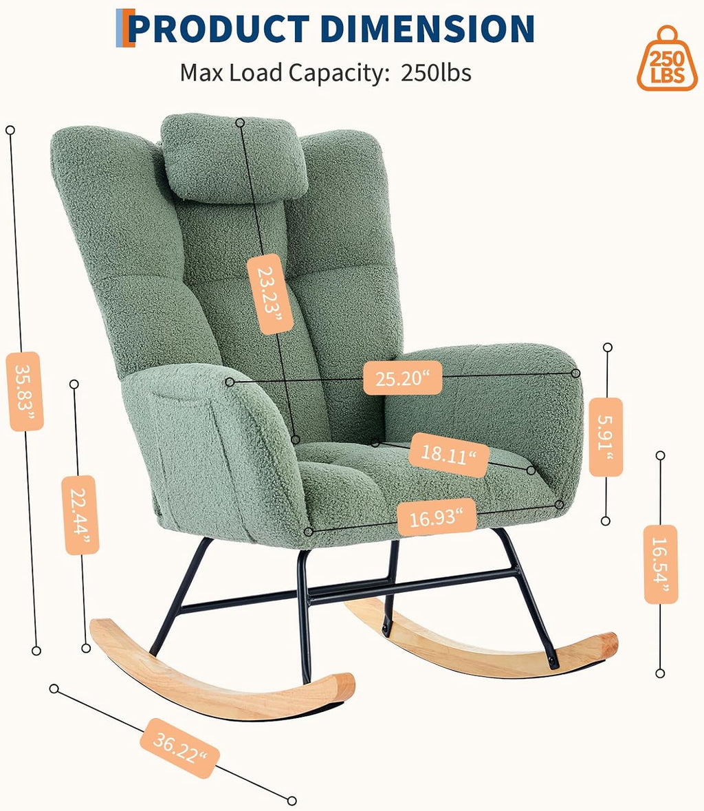 300lb Capacity Nursery Glider Rocker,Teddy Upholstered with Wood Legs for Living Room,Bedroom Nursery Includes Side Pockets