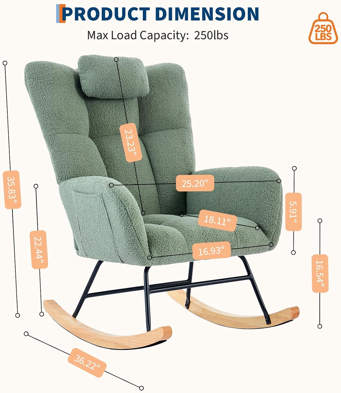 Rocking Chair Nursery, Teddy Upholstered Glider Rocker with High Backrest, Modern Rocking Accent Chair with Headrest, Comfy Armchair for Living Room, Bedroom, Offices, Green