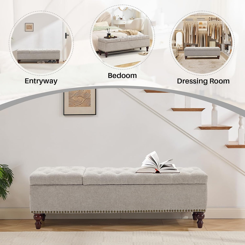 55 Inch Storage Bench for Bedroom, Tufted Upholstered Ottoman with 2 Compartments and Wood Legs, Rectangular End of Bed Bench for King or Queen Size Bed, Light Grey Fabric