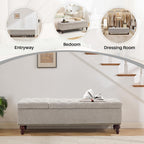55 Inch Storage Bench for Bedroom, Tufted Upholstered Ottoman with 2 Compartments and Wood Legs, Rectangular End of Bed Bench for King or Queen Size Bed, Light Grey Fabric