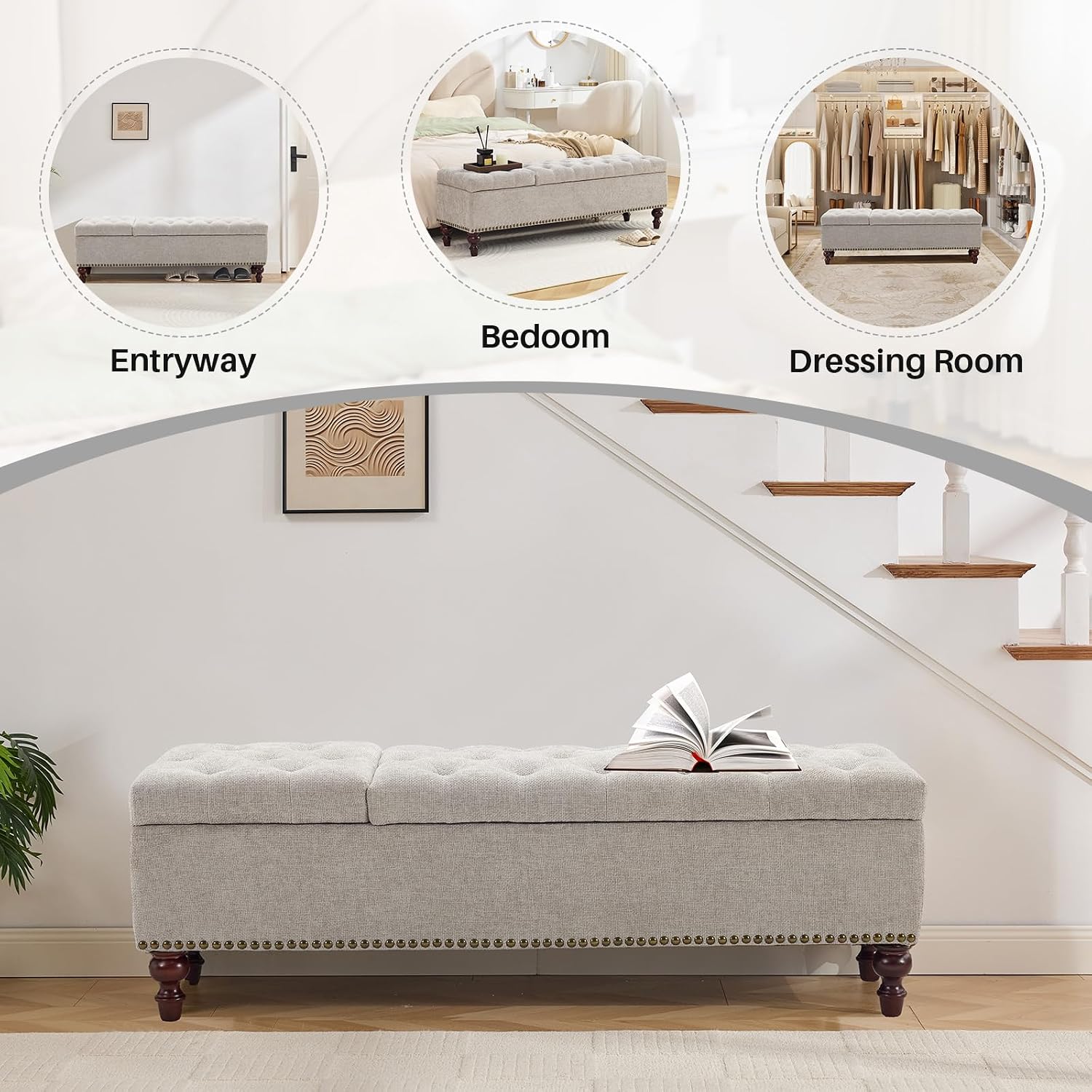 55 Inch Storage Bench for Bedroom, Tufted Upholstered Ottoman with 2 Compartments and Wood Legs, Rectangular End of Bed Bench for King or Queen Size Bed, Light Grey Fabric