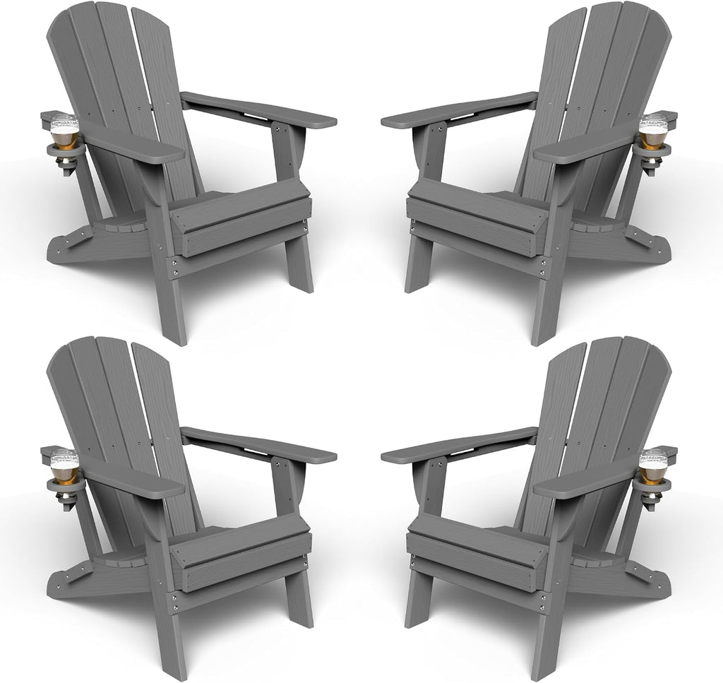 Kingdura Foldable Adirondack Chairs Set of 4, Portable HDPE All Weather Resistant Outdoor Patio Chair, Wooden Textured with Cup Holder, 380LBS Capacity for Poolside, Backyard, Deck, Fire Pit (Grey)
