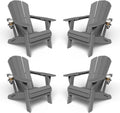 Kingdura Foldable Adirondack Chairs Set of 4, Portable HDPE All Weather Resistant Outdoor Patio Chair, Wooden Textured with Cup Holder, 380LBS Capacity for Poolside, Backyard, Deck, Fire Pit (Grey)