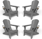 Kingdura Foldable Adirondack Chairs Set of 4, Portable HDPE All Weather Resistant Outdoor Patio Chair, Wooden Textured with Cup Holder, 380LBS Capacity for Poolside, Backyard, Deck, Fire Pit (Grey)