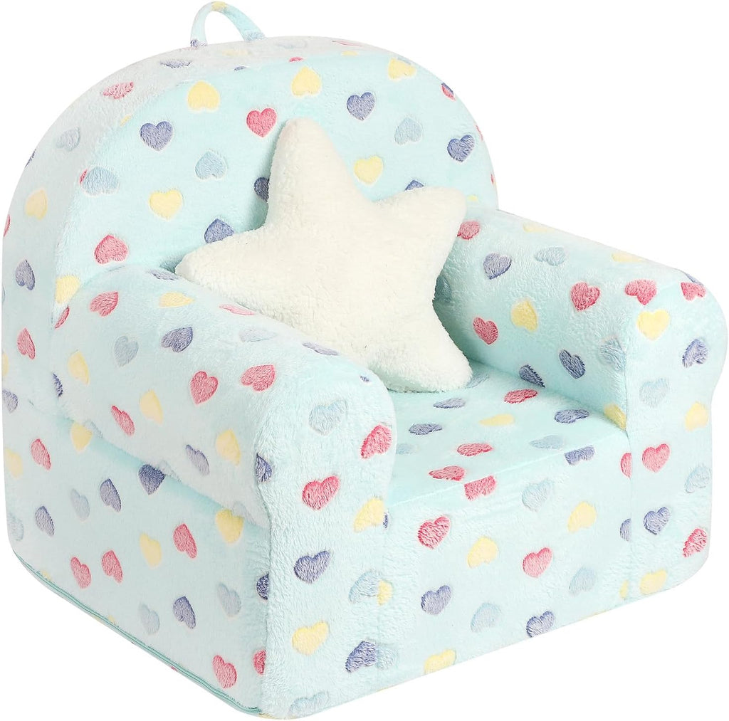 MOMCAYWEX Colorful Heart Kids Sofa with Star Throw Pillow, High Back Toddler Chair Glow in The Dark for Boys and Girls, Lake Blue