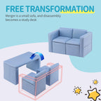 UNICOO Toddler Convertable Sofa, 2-in-1 Double Set Sofa Convert to Table & 2 Chairs, Toddler Lounge with Wooden Frame and Leather Surface, Childrens Couch Armrest Chair with Storage Box (Sky Blue)