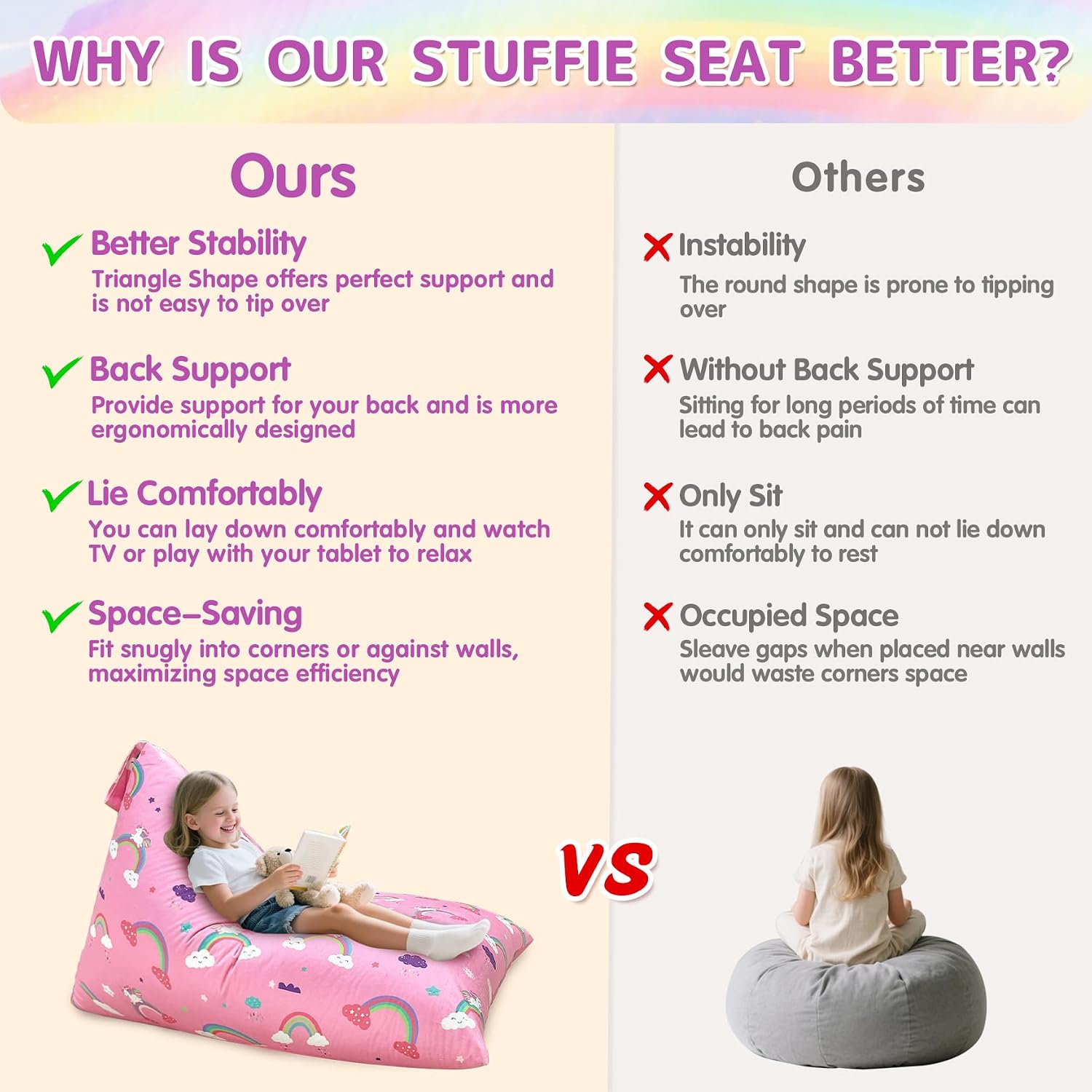 Jorbest Unicorns Stuffed Animals Storage Bean Bag Chair for Kids and Adults, Unicorns Rainbow Bean Bag Stuffed Animals Storage, Luxury Velvet Stuffie Seat - Cover ONLY (200 L/52 Gal, Rainbow)
