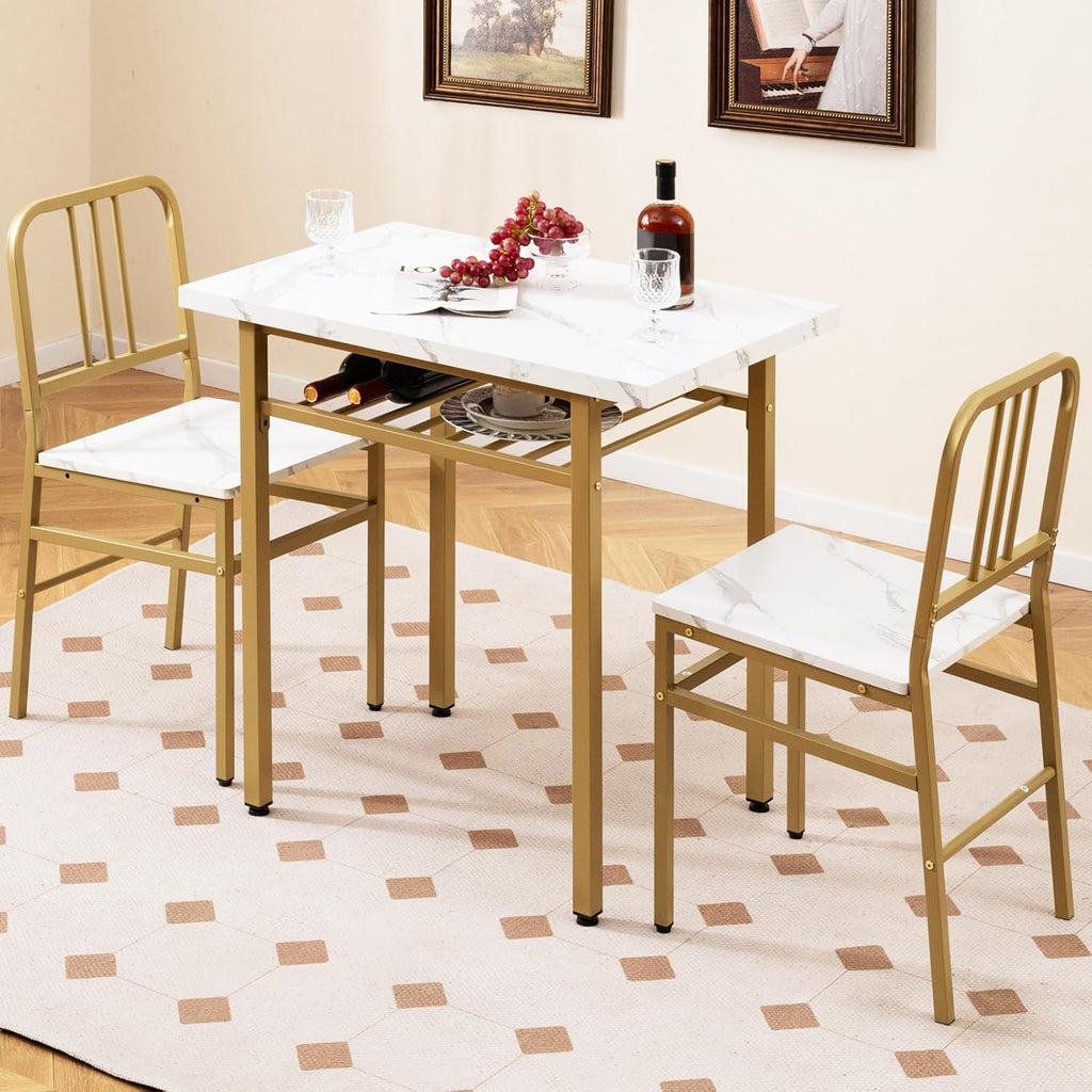 Giantex 3-Piece Dining Table Set, Rectangular Kitchen Table with Storage Rack and 2 Dining Chairs, Heavy-Duty Metal Frame, Space-Saving Dinette Set for Breakfast Nook, Apartment (White + Gold)