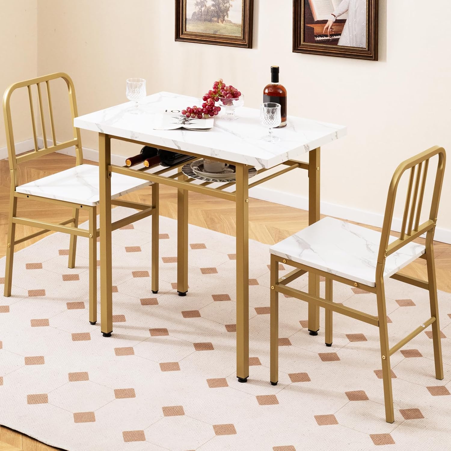Giantex 3-Piece Dining Table Set, Rectangular Kitchen Table with Storage Rack and 2 Dining Chairs, Heavy-Duty Metal Frame, Space-Saving Dinette Set for Breakfast Nook, Apartment (White + Gold)