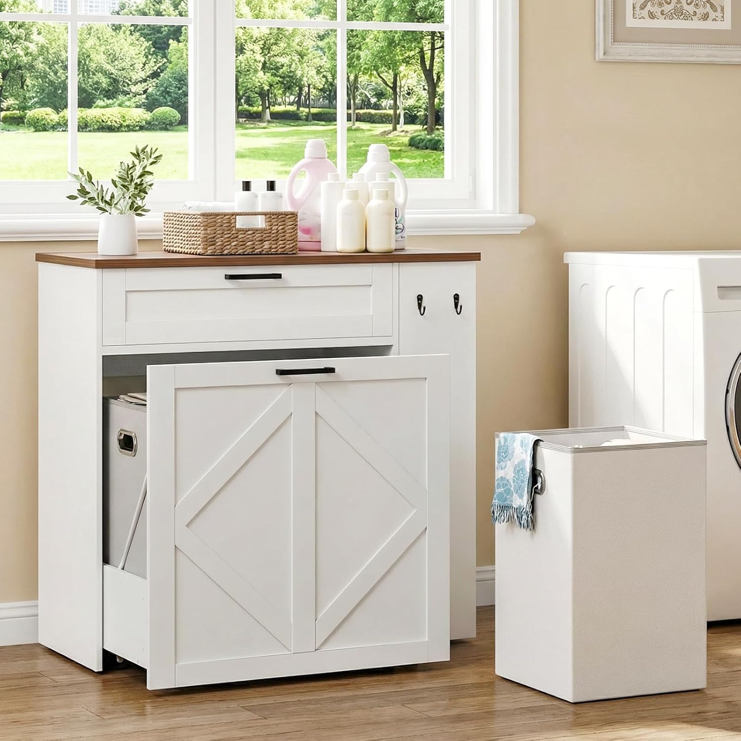 Laundry Hamper Cabinet, Double Laundry Cabinet with Two 11 Gallon Baskets and Drawer, Pull-Out Storage Unit with Adjustable Shelves, Hooks, for Bathroom, Living Room, Kitchen, White and Walnut