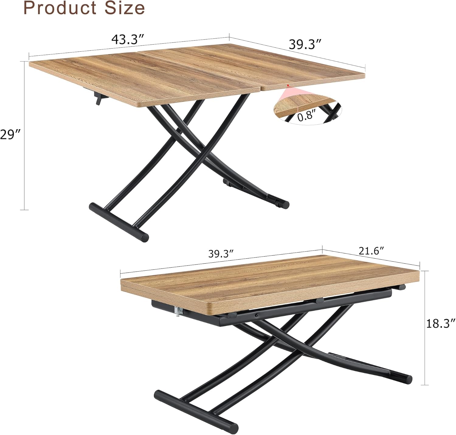 Multifunctional Folding Table - Lift Top Coffee to Dining Table, Height Adjustable, Wooden Surface & Metal Legs, Modern for Small Spaces (Living/Dining/Kitchen) (Wooden)