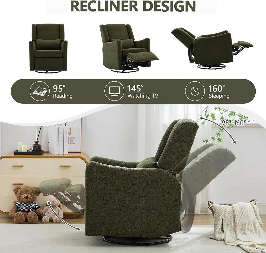 29.5'' Wide Swivel Rocker Recliner with 3-Position Lock Leg Rest, Nursery Chair with Sturdy Metal Base for Living Room, Bedroom and Apartment, Teddy Fleece (Seaweed Green)