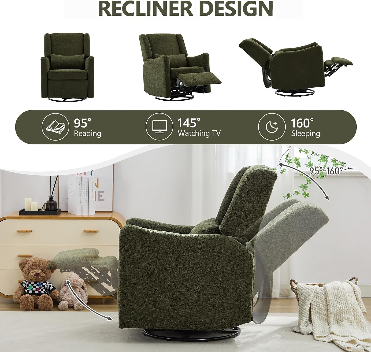 29.5'' Wide Swivel Rocker Recliner with 3-Position Lock Leg Rest, Nursery Chair with Sturdy Metal Base for Living Room, Bedroom and Apartment, Teddy Fleece (Seaweed Green)