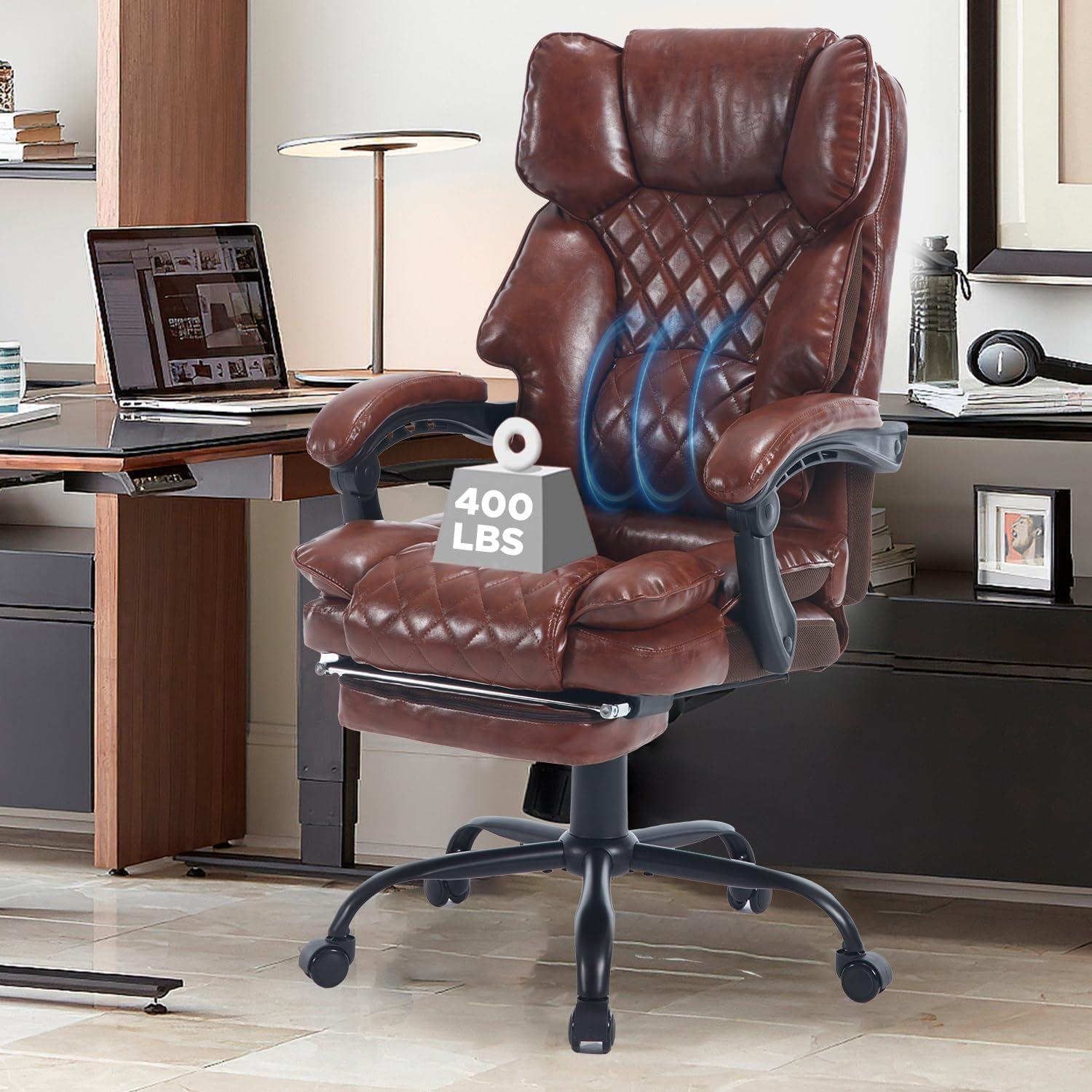 Reclining Ergonomic Executive Office Chair With Footrest, 400lbs Big Tall Recliner Desk Chairs with Lumbar Support, Heavy Duty High Back Vintage Leather Home Computer Chair with Wheels, Brown
