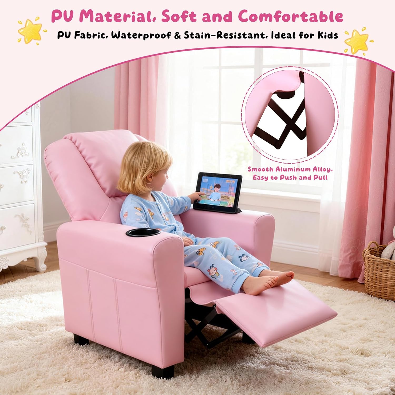 Kids Recliner with Cup Holder, PU Leather Toddler Recliner for Kids Age 1-4 w/Backrest & Footrest, Children’s Lounge Chair for Boys & Girls, Small Recliner for Bedroom Playroom Living Room (Pink)