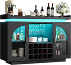 Wine Bar Cabinet with Power Outlet & LED Light, 54'' Liquor Cabinet with 15 Wine Rack & Glass Holder, Coffee Bar Cabinet for Home with Storage, 2 Arched Door, Buffet Sideboard for Living Room, Kitchen