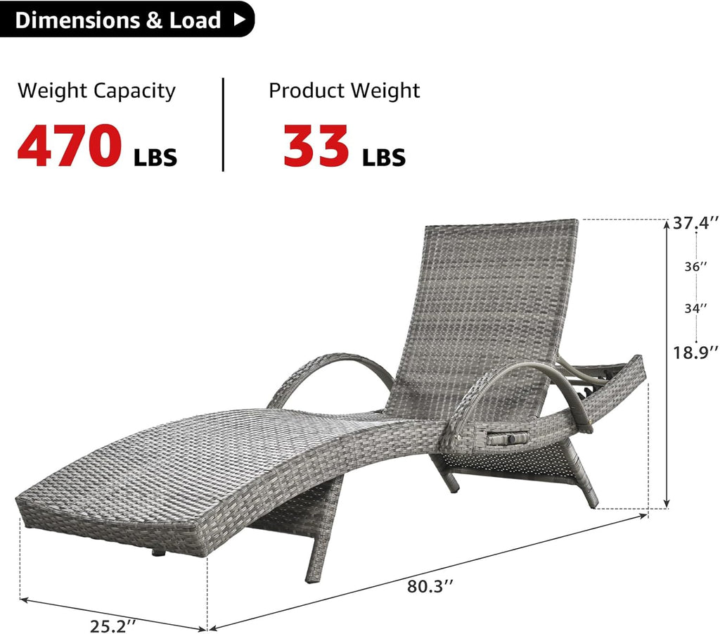 Wicker Outdoor Chaise Lounge Chairs Set of 2, Patio Rattan Reclining Chairs with Pull-Out Side Table, 4-Level Adjustable Backrest, Waterproof Tanning Chairs for Poolside, Beach & Backyard Use, Gray
