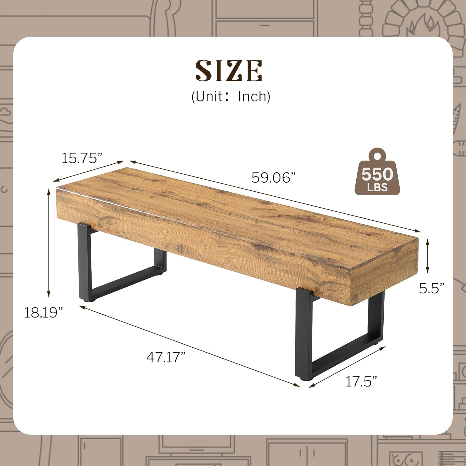 59" Dining Bench, Farmhouse Indoor Kitchen Table Benches, Industrial Shoe Bench, Entryway Benches, Natural Wood Wash