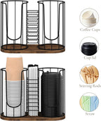 Coffee Cup Holder 18oz 3-Compartment Paper Cup Dispenser Rack with Wood Base - Disposable Cup, Straw & Lid Organizer 3-in-1 Storage for Countertop, Coffee Bar, Kitchen, Office