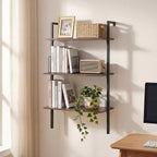 Giantex Ladder Shelf Set of 2, 3-Tier Wood Wall Mounted Bookshelf with Metal Frame, Industrial Open Storage Rack and Display Shelves, Wooden Floating Shelving Unit for Living Room, Office