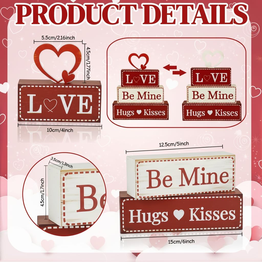 4 Pcs Valentine's Day Decorations, Wooden Valentines Decor for Home Table with Stacked Blocks & Heart Accent, Galentines Day Deco for Tiered Tray Farmhouse Shelf Mantle Home Office