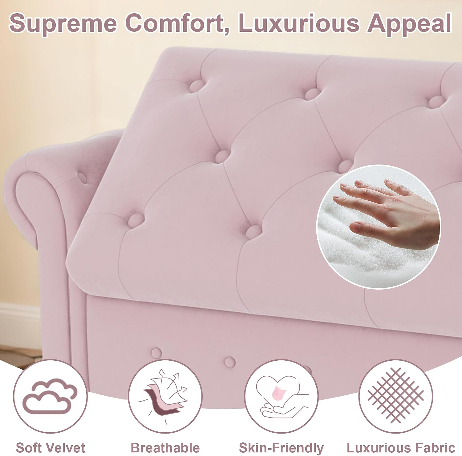 GNIXUU Ottoman with Storage Bench for Bedroom, 63" Velvet Upholstered End of Bed Storage Bench Seat, Rolled Arm Cushioned Ottoman with Wood Legs, Modern Window Chair for Living Room, Entryway, Pink