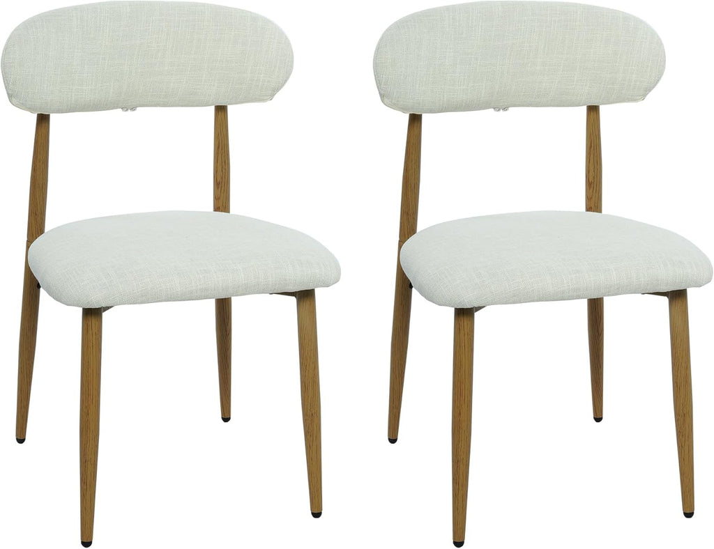 FREKEN Modern Upholstered Dining Chairs Set of 2, Mid-Century Metal Frame with Wood Grain, Linen Fabric Side Chair for Kitchen Dining Room, 350lbs Capacity, Beige