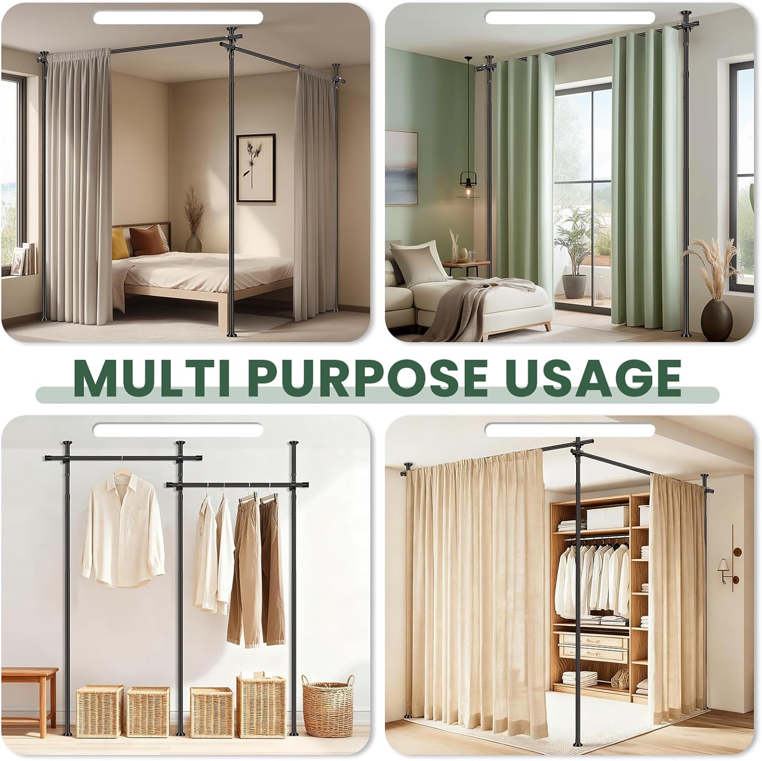 Jilron Room Divider Curtain Rod Tension Rod No Drilling, Adjustable Height, Quick Setup for Rental, Dorm, Bedroom, Office(Black - W72-200 × H43-120 in)