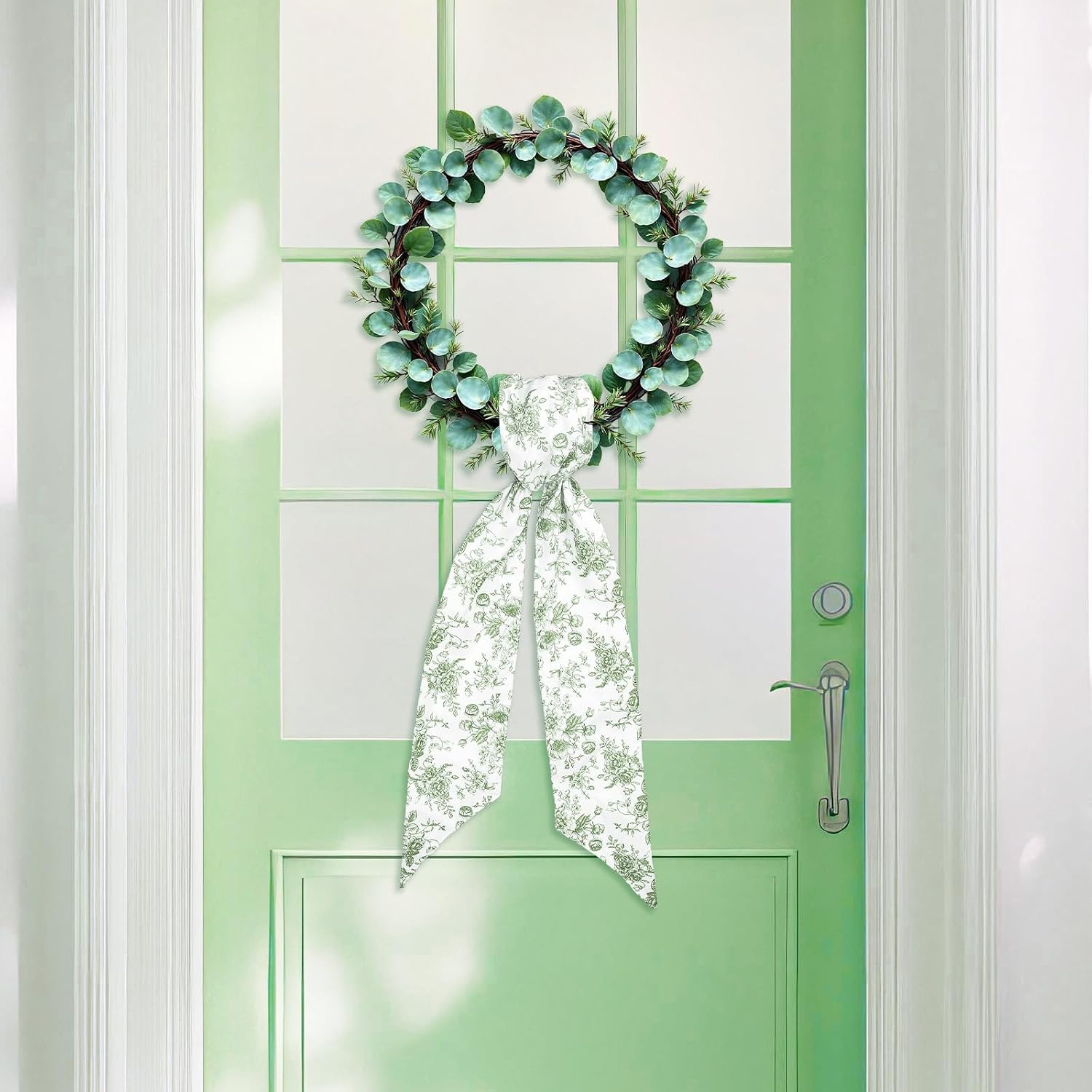 Whaline 2 Pcs Green Flower Wreath Sash for Front Door Chinoiserie Floral Garland Ribbon for Holiday Party Home Decor Indoor Outdoor
