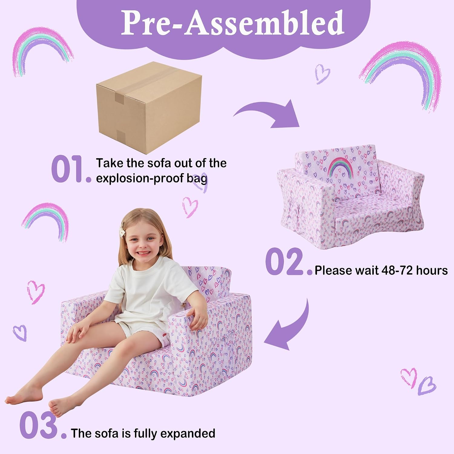 lasoftan Toddler Couch, 2-in-1 Soft Kids Couch Bed Fold Out, Toddler Chairs Comfy for Boys & Girls, Convertible Kids Sofa to Lounge for Playroom, Gift for Birthday, Children's Day - Purple Rainbow