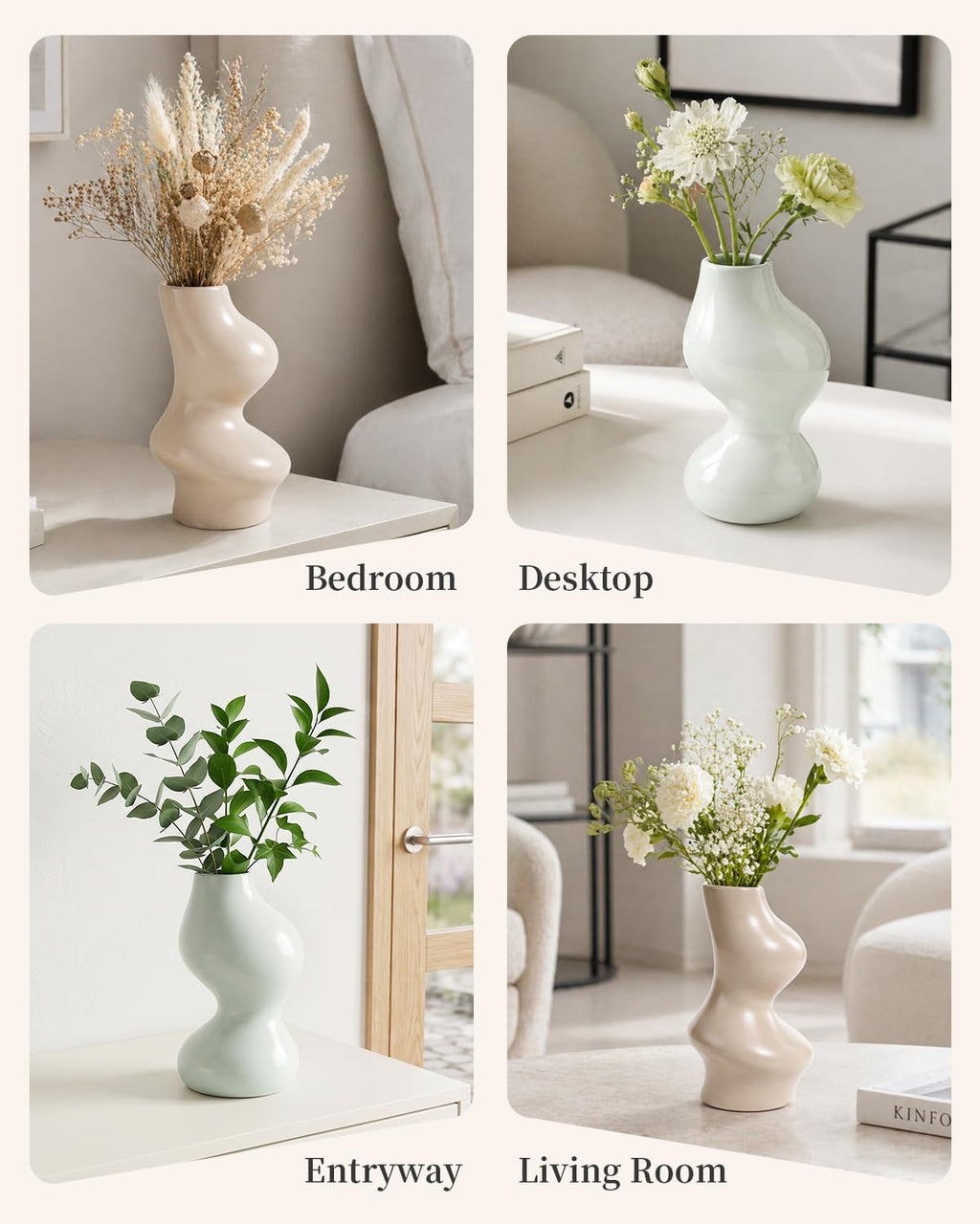 BosilunLife Decorative Vase Set of 3, Nested Interlocking Recycled Ceramic, Smooth Glossy Pastel Modern Decor, Sage Green & Khaki Centerpiece for Bookshelf