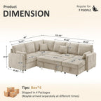 112'' Sectional Sleeper Sofa with Pull Out Bed, U Shaped 7 Seater Modular Sectional Sofa with Storage Chaise, Modern Sectional Sofas & Couches with 4 Pillows, Chenille Sofa Bed for Living Room, Camel