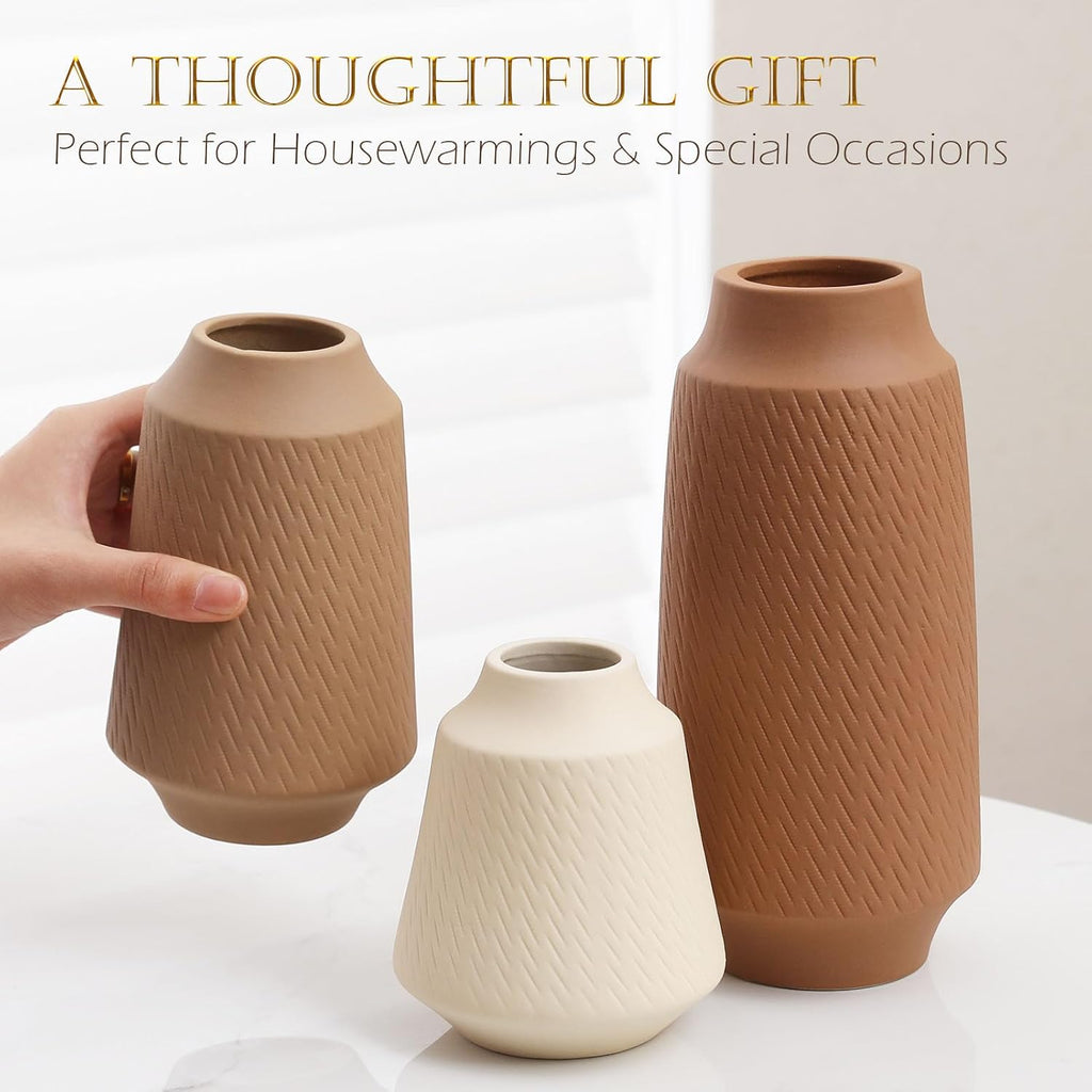 Joeabor Ceramic Vase Set of 3 - Handcrafted Ceramic Vases for Home Decor & Shelf - Modern Farmhouse Decor for Kitchen, Office, Bedroom & Living Room Decorative Objects for Mantel, Table Centerpieces
