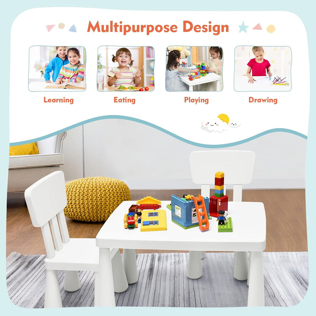 Toddler Table and Chair Set, Plastic Kid Activity Table & 2 Chairs, 3-Piece Children Playroom Furniture Set for Reading, Writing & Painting, Kids Table and Chair Set for Age 3-7 (White)