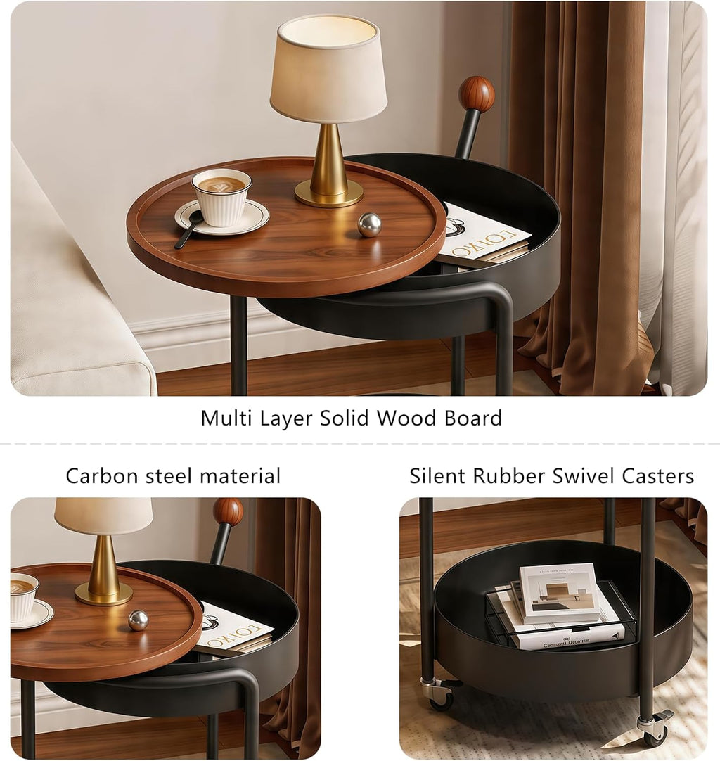 Mid-Century Modern Round Side Table, 2-Tier Mobile Sofa End Table with Rotatable Expandable Solid Wood Tabletop, Metal Frame Rolling Nightstand with Wheels for Living Room Bedroom，Black & Walnut
