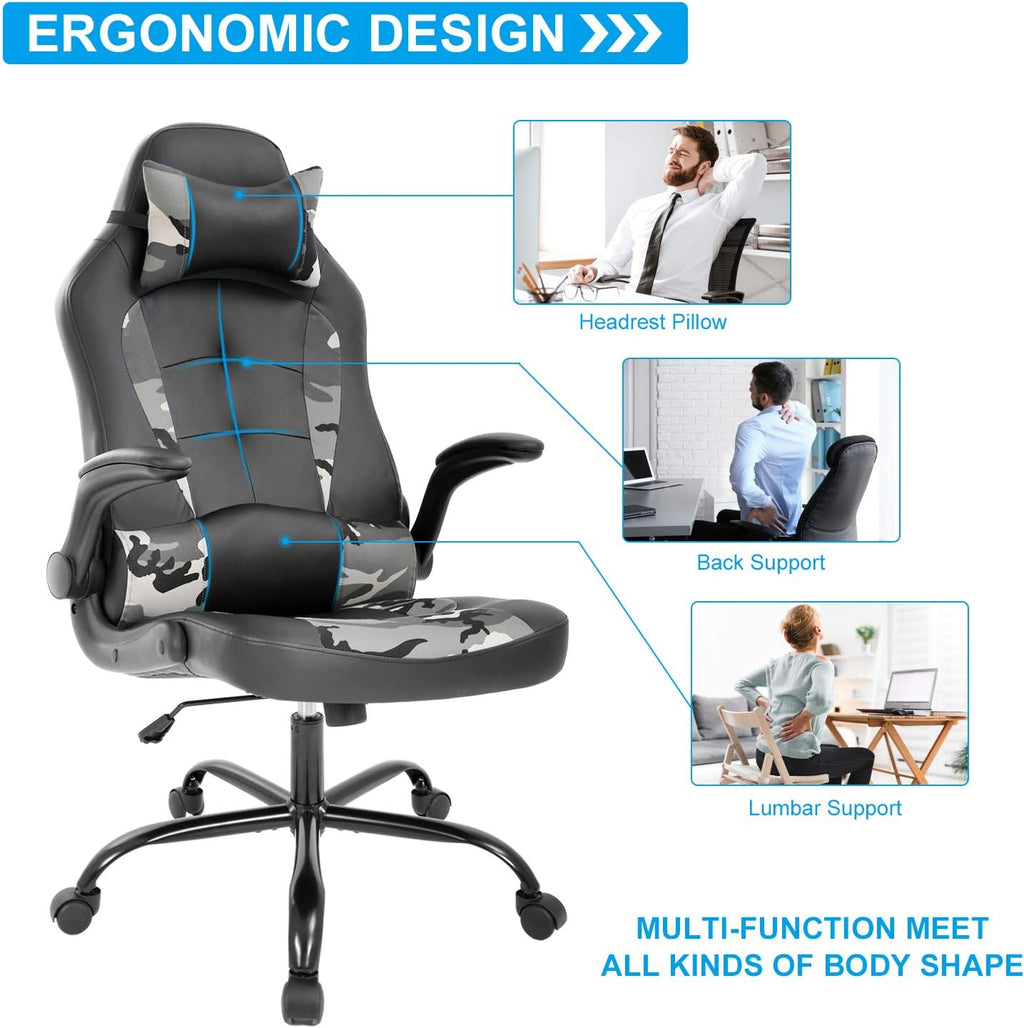 Meet Perfect Gaming Ergonomic Office Desk Chair - Leather Computer With Lumbar Support and Head Pillow - Modern Executive Adjustable Rolling Swivel Task for Home Office, Camo