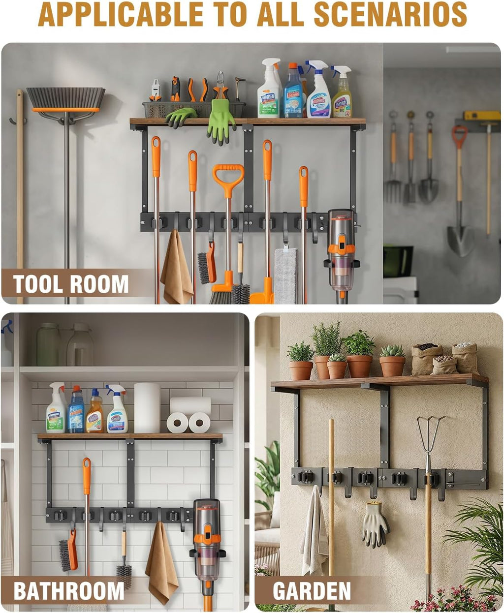 Supforce Broom Holder Wall Mount with Top Wooden Shelf, Heavy Duty Metal Cleaning Supplies Broom Hanger with Vacuum Organizer and 5 Slots & 5 Hooks for Laundry Garage Tool Storage Kitchen (Large)