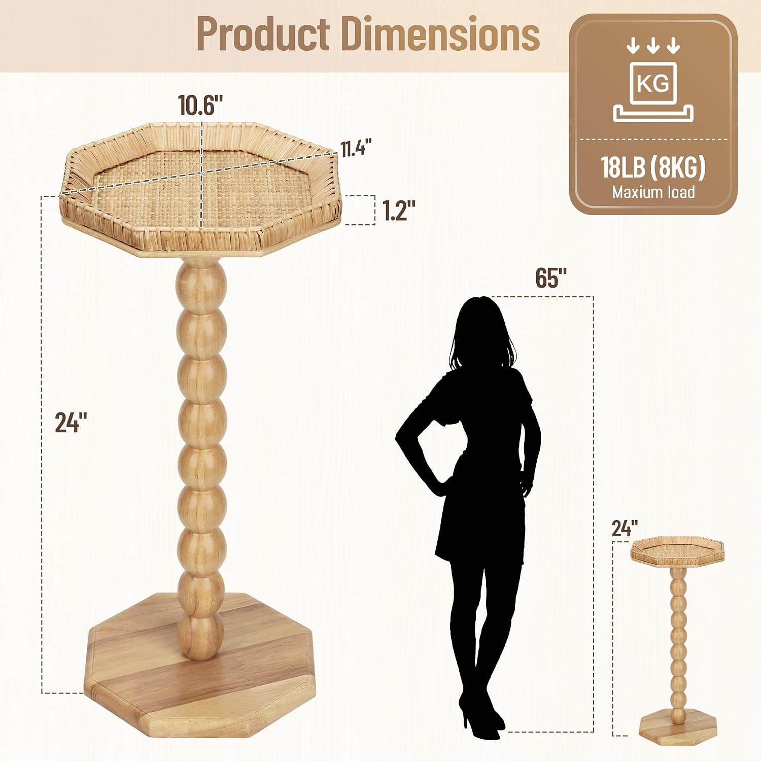 Boho Rattan Octagon Side Table, Drink Table for Small Spaces, Coastal Small Accent Tables, Solid Wood Pedestal End Tables for Living Room, Bedroom, Corners
