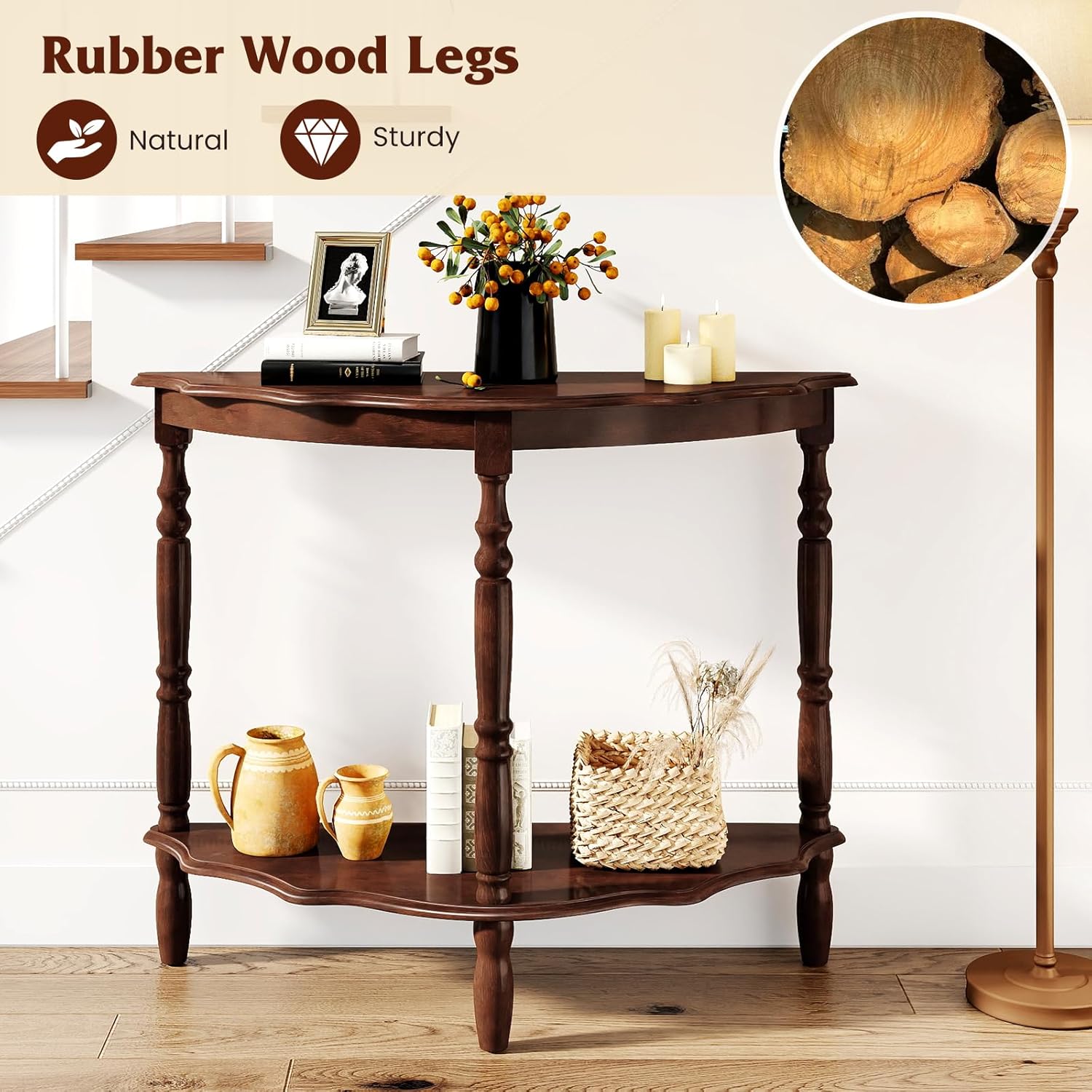 GOFLAME Half Moon Entryway Table, Retro Console Table with Storage Shelf & Solid Rubber Wood Legs, Vintage Display Accent Table, 2-Tier Curved Sofa Table for Living Room, Hallway, Entry, Walnut